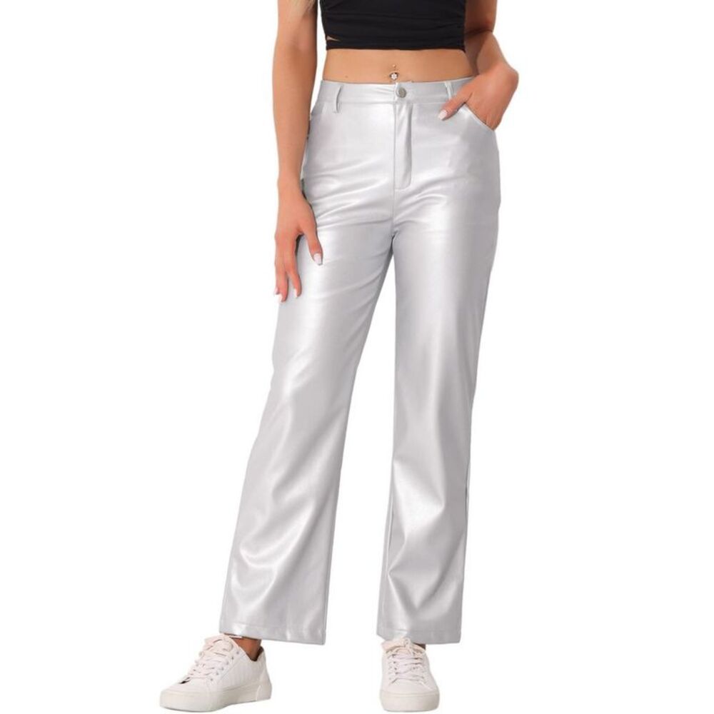 Women's High Waist Straight Leg Side Pockets Faux Leather Pants Silver L